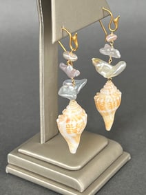 Fine Pair of South Sea Keshi Pearls and Conch Shell Drop Earrings