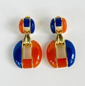 Pair of Red Onyx and Lapis Lazuli Earrings