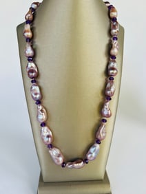 14mm x 26mm Natural Lavender Hue Fresh Water Baroque Pearl and Faceted Amethyst Bead Necklace