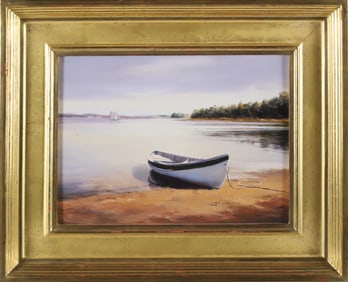 Arnold Desmarais (American b. 1952) Oil on Board "Dory and a Schooner"