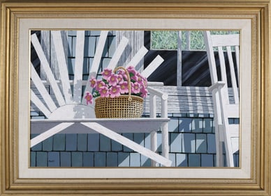 James Cromartie Acrylic on Canvas "Nantucket Basket Bouquet on White Bench"