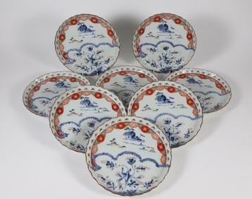 Eight Japanese Imari Landscape Decorated Porcelain Plates, 19th Century