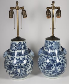 Pair of Chinese Blue and White Decorated Vases Mounted as Lamps