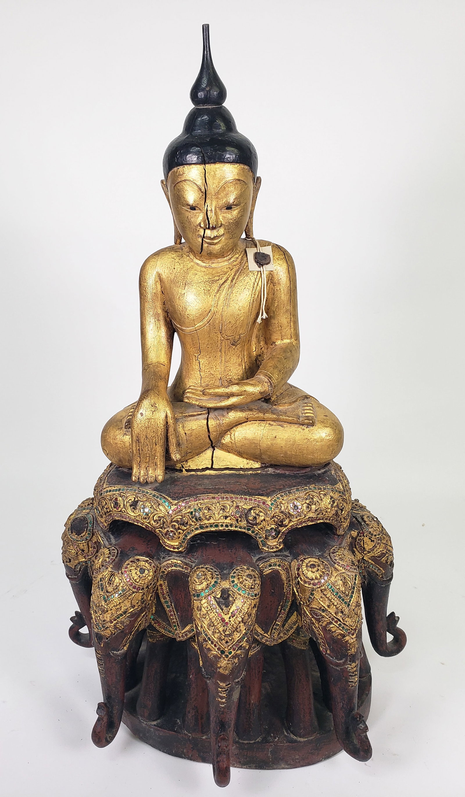Carved and Painted Buddha and Royal Elephants Wood Sculpture, 20th century (1 of 7)
