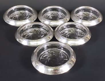 Set of Six Amston Sterling Silver and Cut Crystal Coasters