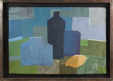 Charlotte Culot Tempera on Paper "Cubist Bottles Still Life"