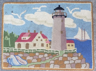 Vintage Coastal Lighthouse Pictorial Hooked Rug Carpet