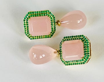 Pair of Pink Chalcedony and Green Onyx Pendant Earrings
