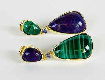 Pair of Malachite and Purple Turquoise Pendant Earrings