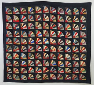 Antique Quarter Fans on Black Ground Quilt, 19th Century
