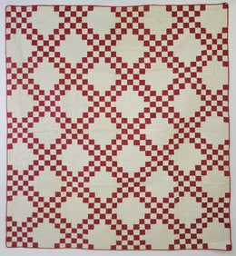 Antique Red and White Irish Chain Patchwork Quilt, circa 1920s