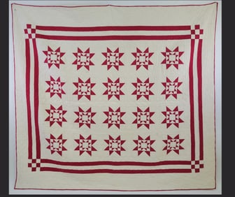 Vintage Red and White Banded Star in a Box Quilt