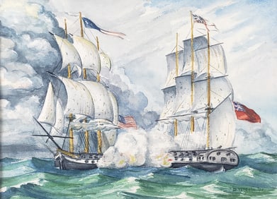 Vintage United States Naval Engagement Watercolor on Paper, "War of 1812"
