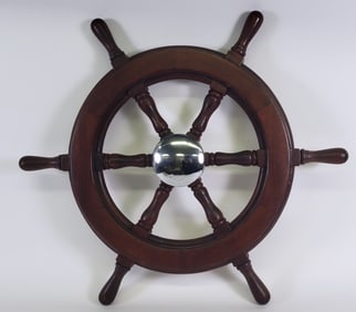 Vintage Mahogany and Chrome Six Spoke Ships Wheel