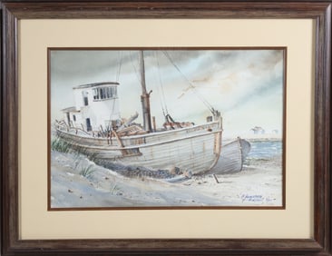 B. Jameson Watercolor on Paper "Fishing Boats on the Shoreline in Wellfleet"