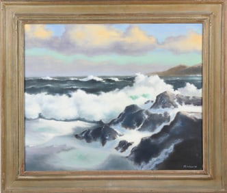 R. Wood Oil on Canvas "Rocky Coastal Seascape"