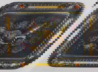 Vintage Shell Paint Decorated Tole Serving Tray