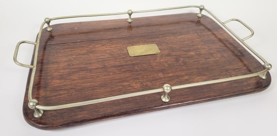 Vintage English Oak Serving Tray with Chrome Gallery