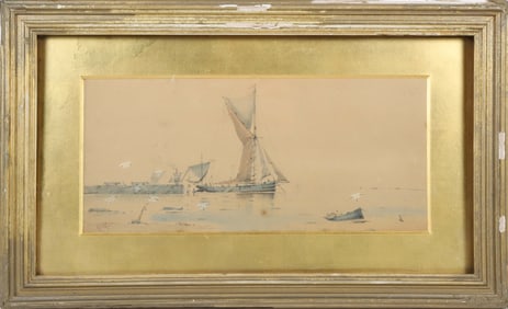 Antique Watercolor on Paper "Quaint Harbor View"
