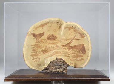 L.R. Grandales Scrimshaw Tree Fungus Whaling Scene "Reaching His Life 1857", circa 1968