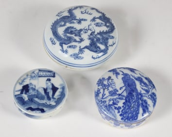 Three Chinese Blue and White Porcelain Miniature Covered Round Boxes