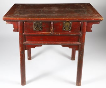 Chinese Red Stained Two Drawer Offering Table, 19th Century