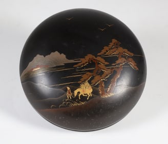 Chinese Scenic Round Lacquered Box with Cover