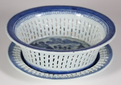 Canton Blue and White Fruit Basket and Stand, 19th Century