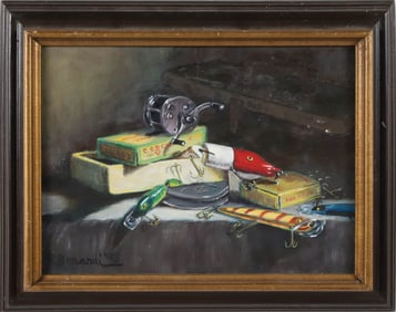 R. Bonardi Oil on Canvas "Fishing Tackle Still Life", circa 1993