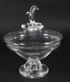 Signed Steuben Glass Covered Compote with Lily of the Valley Finial