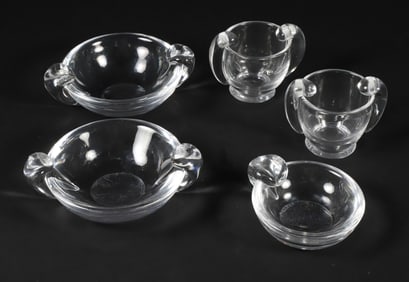 Three Signed Steuben Glass Ash Trays and Two Cigarette Holders
