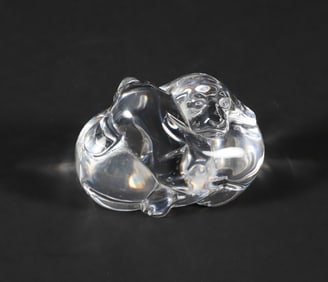 Signed Steuben Clear Glass Hand Cooler in the Form of Nestled Puppies