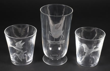 Three Signed Steuben Glass Etched with Geese, Pheasant and Gemsbok
