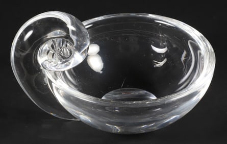 Signed Steuben Glass Olive Bowl with Snail Handle