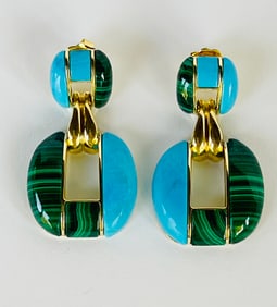 Pair of Malachite and Howlite Pendant Earrings Set in Sterling Silver Vermeil