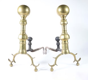 Pair of Antique American Brass Ball Top Andirons, circa 1800