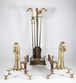Pair of Goose Head Brass Andirons and Matching Fireplace Tool Set, 20th Century