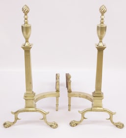 Pair of Vintage Chippendale Style Brass Flame Finial Fluted Column Andirons