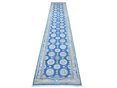 Oxford Blue Flower Rosette Hand Knotted Vegetable Dye Wool Peshawar Oriental Carpet Runner
