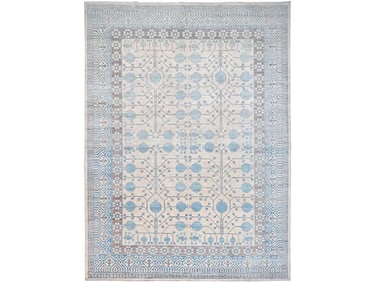 Fine White and Blue Hand Knotted Wool Pomegranate Design Oriental Carpet