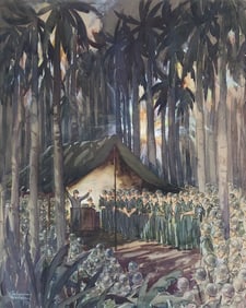 Eleanora Madsen Johnson World War 2 Watercolor Illustration "Barney Ross Speaking to Marines"