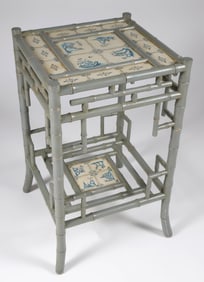 Two Tier Faux Bamboo Side Table with Wallpaper Tile Decorations