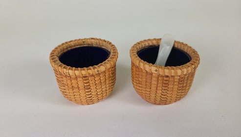 Pair of Terry Sylvia Nantucket Basket Salts with Cobalt Liners, circa 1997