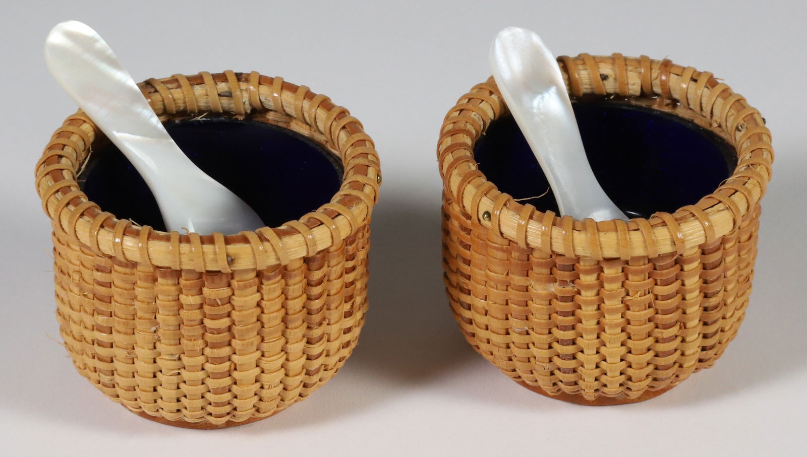 Pair of Terry Sylvia Nantucket Basket Salts with Cobalt Liners, circa 1997 (1 of 4)