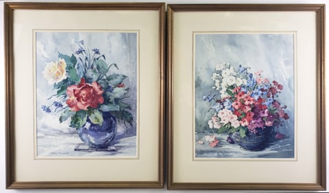 Two Polly Nordell Floral Still Life Watercolor Paintings, 20th century