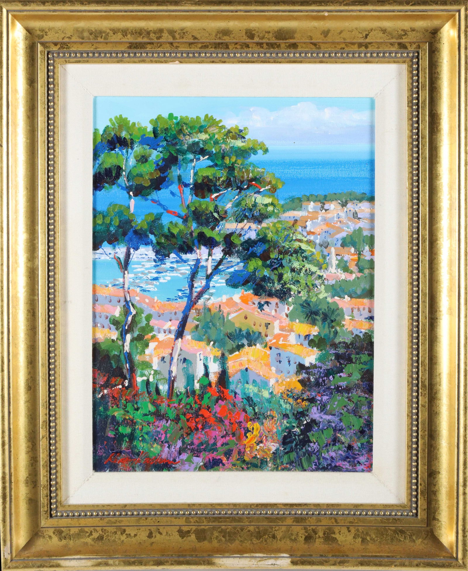 Kerry Hallam Acrylic on Canvas "Cap Ferrat Approach": Kerry Hallam (British-American 1933-2020) Acrylic on Canvas "Cap Ferrat Approach", signed lower left Kerry Hallam in molded gilt frame 15.5 in. x 11.5 in.