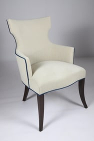 Contemporary Creme Upholstered Armchair with Blue Piping