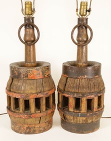 Pair of Antique Wheel Hubs Mounted as Lamps, 19th Century