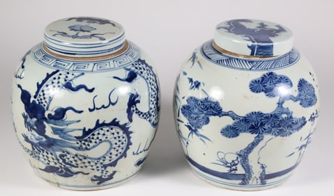 Two Chinese Blue and White Covered Ginger Jars