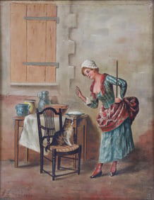J.E. Hill Oil on Canvas "Interior Scene of Lady Scolding Her Cat"